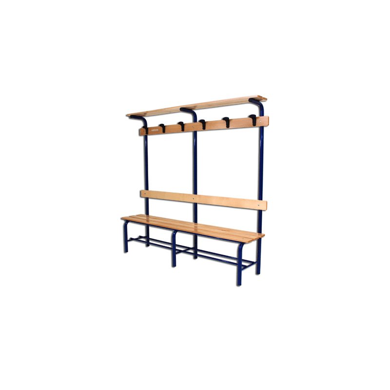 Locker room bench with backrest, hanger hooks and roof
